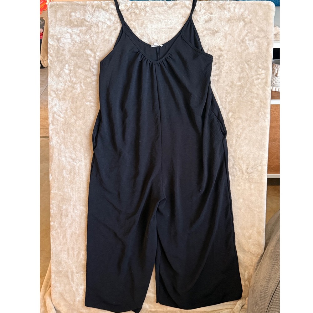 See You Monday Black Wide Leg Jumpsuit Womens Large Spaghetti Strap Pockets SZ L